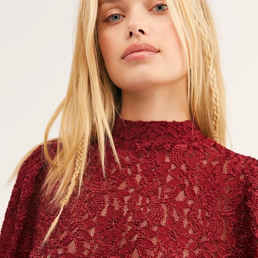 Free People Sweet Talker Floral Lace High Neck Puff Sleeve Blouse, Size S - Picture 7 of 16